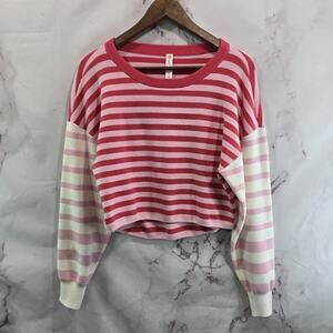 Anthropologie Sweater Women XS Pink White Striped Daily Crop Drop Shoulder